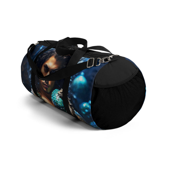 Blue dragon-egg duffel bag with black end panel, strap, and metal hardware.