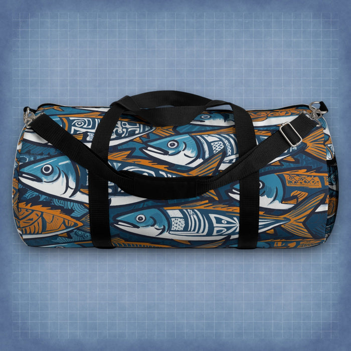 Fish-pattern duffel bag with black handles and adjustable shoulder strap, blue and orange.