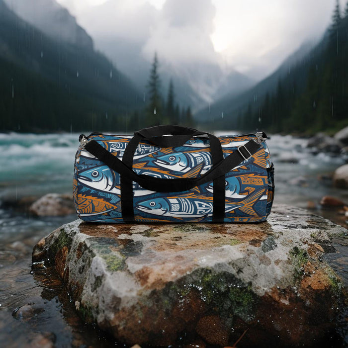 Fish tribal duffel bag on a rocky surface, black straps, blue and orange fish print.