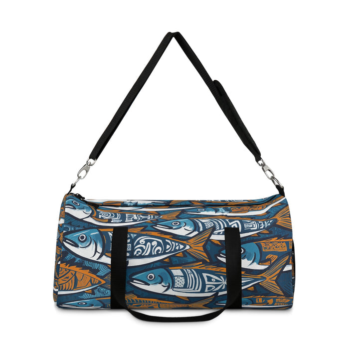 Fish-pattern duffel bag with two top handles and black center panel, blue and orange.