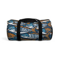 Fish tribal duffel bag with black handles and shoulder strap, blue and orange fish design.