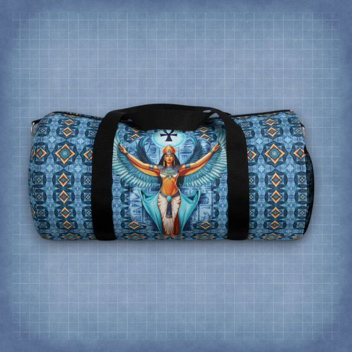 Blue duffel bag with black handles and Isis goddess winged graphic front panel