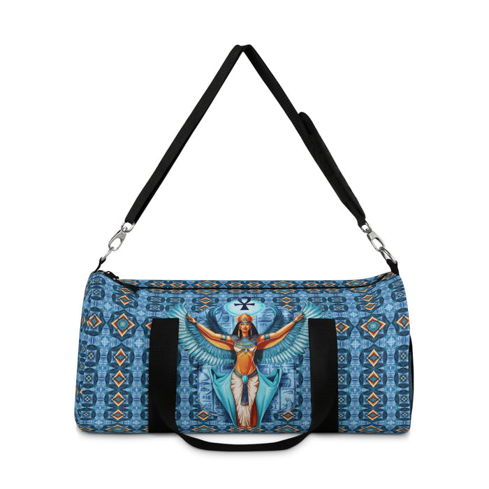 Blue duffel bag with black shoulder straps and Isis goddess winged front panel