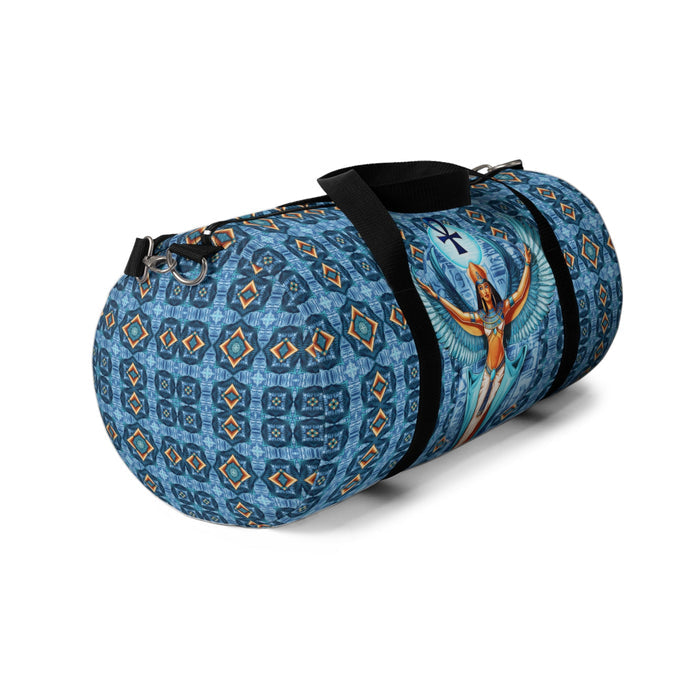 Blue duffel bag with black strap, zipper pocket, and Isis goddess winged side art
