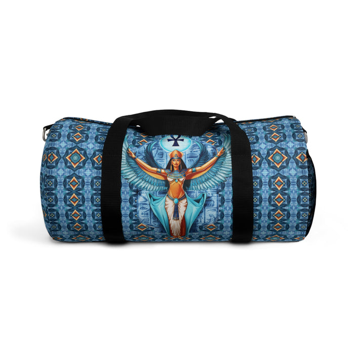 Blue duffel bag with black straps and Isis goddess winged graphic on front