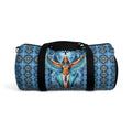 Blue duffel bag with black straps and Isis goddess winged graphic on front