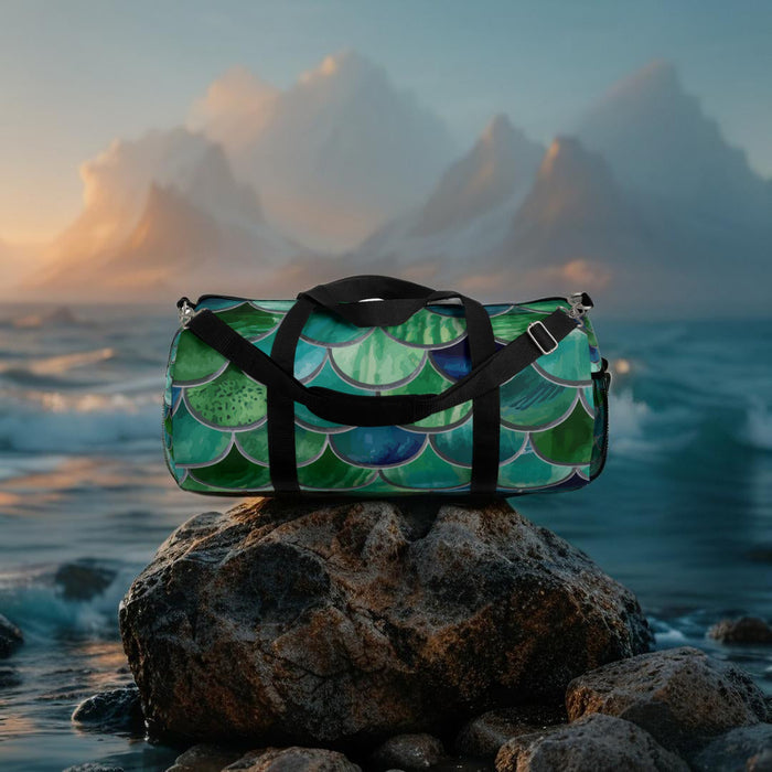 Mermaid-scale duffel bag with black straps and silver side hardware