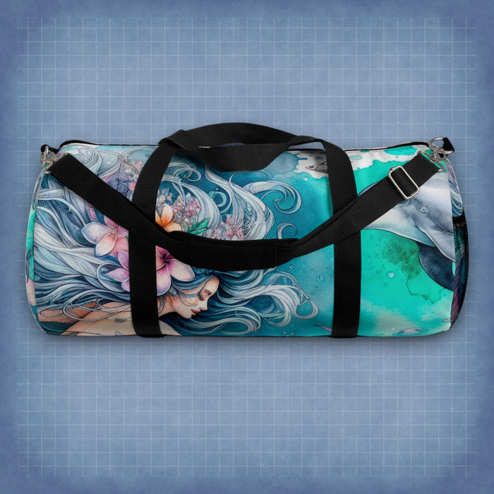 Mermaid print duffel bag with black straps, top handle, and side zipper pockets