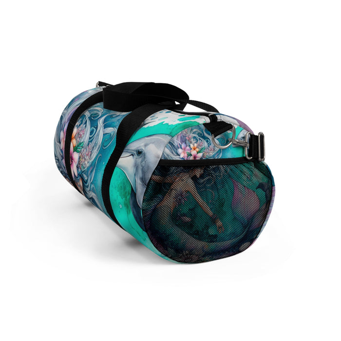 Mermaid print duffel bag with black straps and front mesh pocket