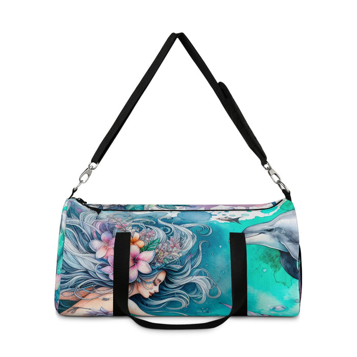Mermaid print duffel bag with detachable black shoulder strap and silver hardware