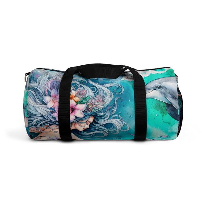 Mermaid print duffel bag with black straps and teal side panel