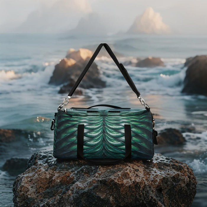 Merman scales duffel bag on rocky shore, black end handles and green-blue scale print.