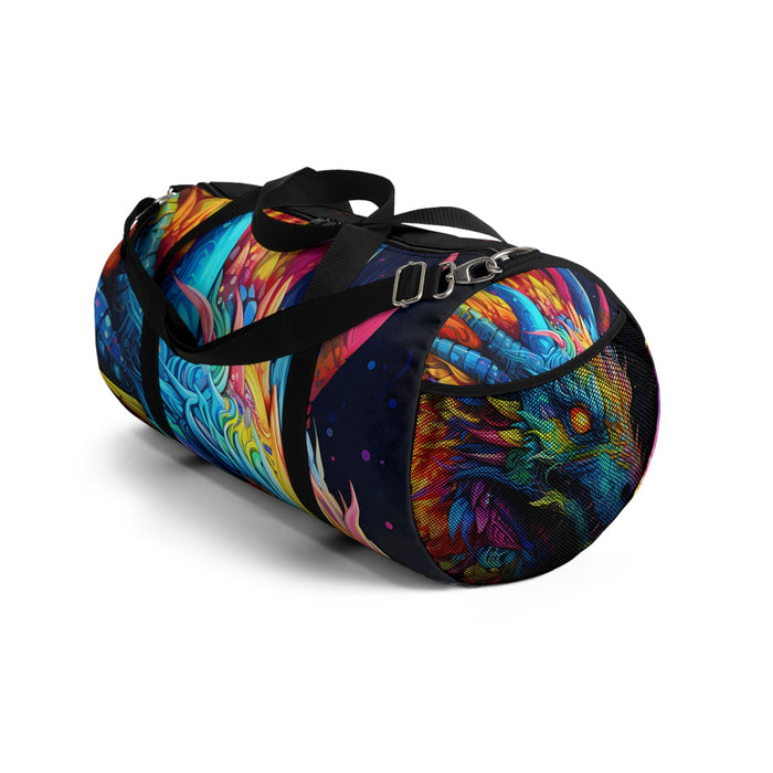 Neon dragon duffel bag with black strap and colorful dragon artwork, side view.