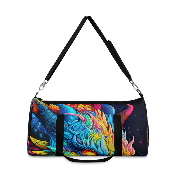 Neon dragon duffel bag with black top handles and colorful dragon graphic on front.