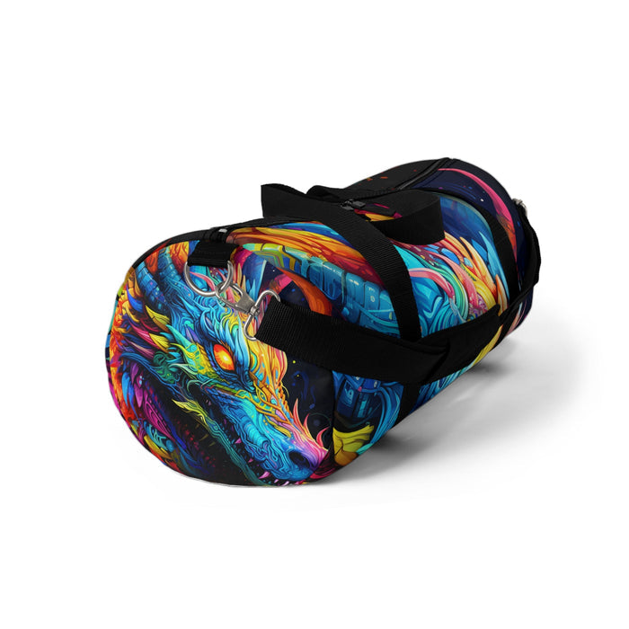 Neon dragon duffel bag with black strap, colorful dragon print, angled side view.
