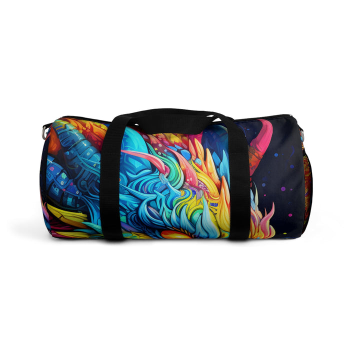 Neon dragon duffel bag with black strap and bright blue dragon design, front-side view.