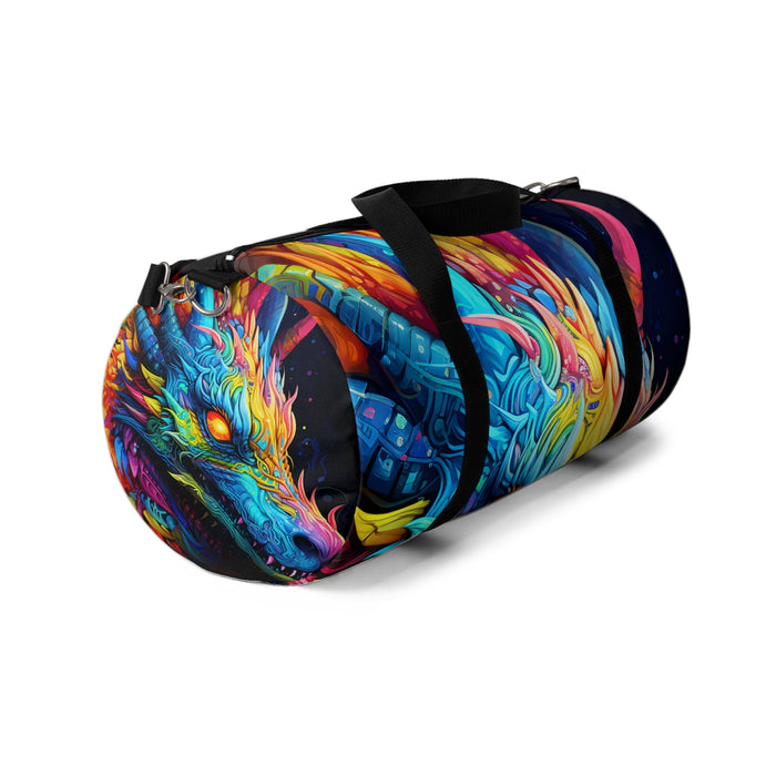 Neon dragon duffel bag with black strap, colorful dragon face graphic and small star accents.