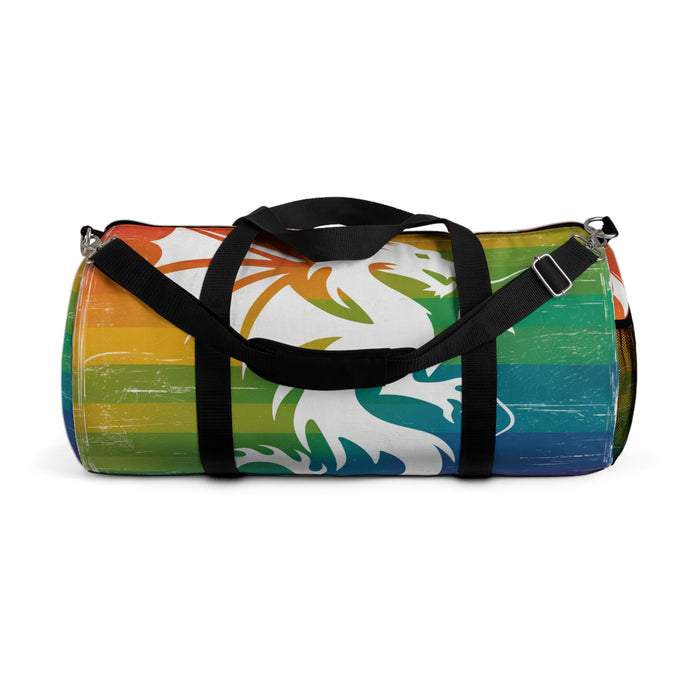 Multicolor striped duffel bag with dragon graphic, black webbing straps and silver hardware.