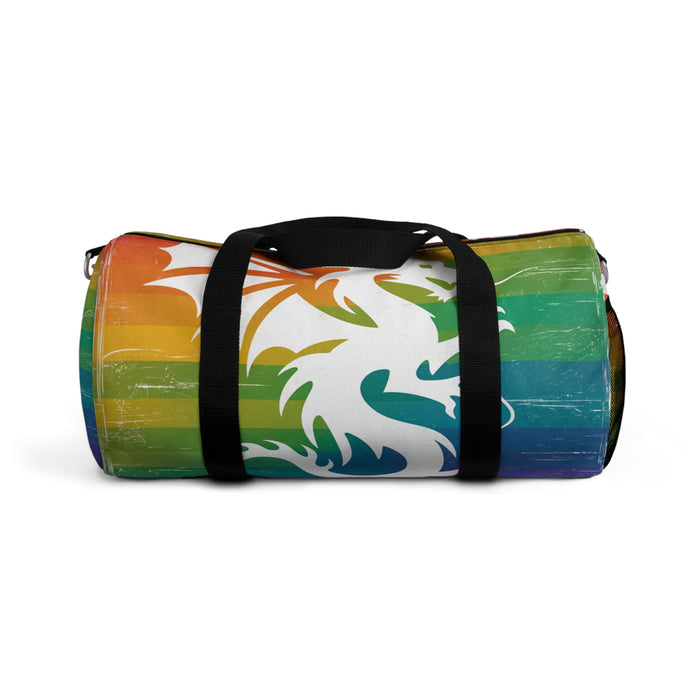 Multicolor striped duffel bag with dragon graphic, black straps and silver metal hardware.