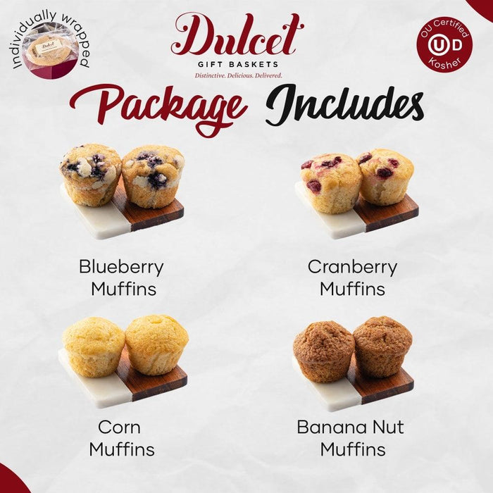 Dulcet gift basket package includes four muffin types on trays