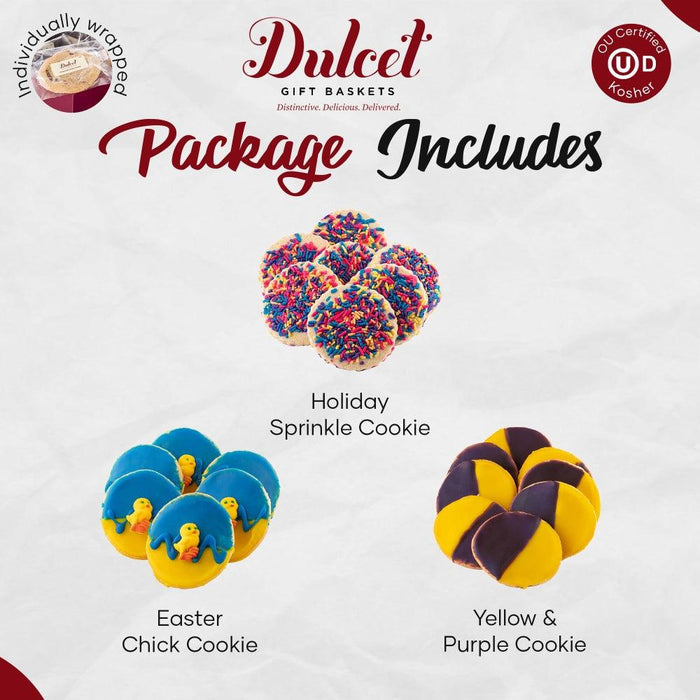 Package includes Easter chick cookie, sprinkle cookie, and yellow purple cookie