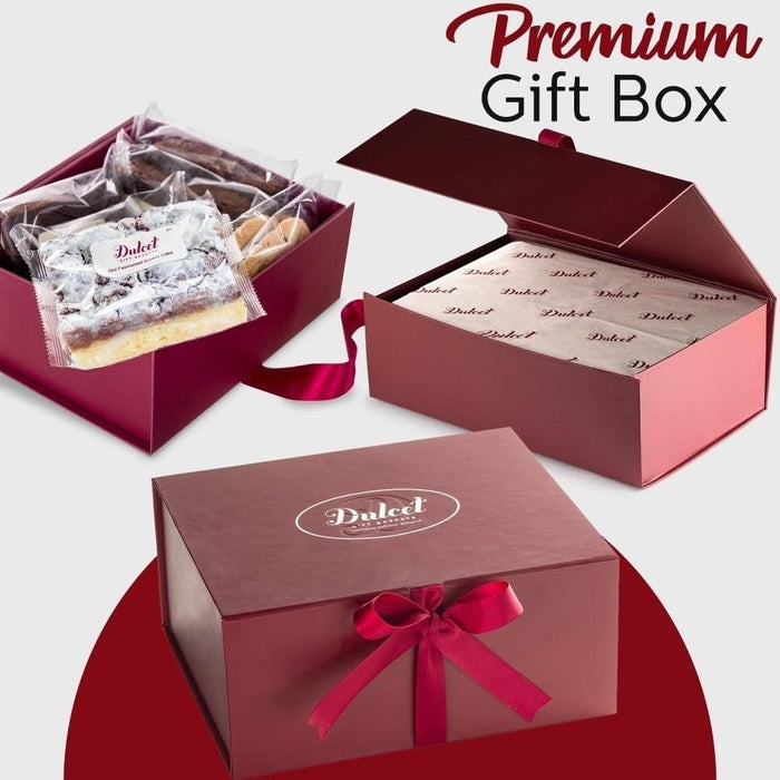 Premium gift box with satin ribbon and wrapped cookie assortment