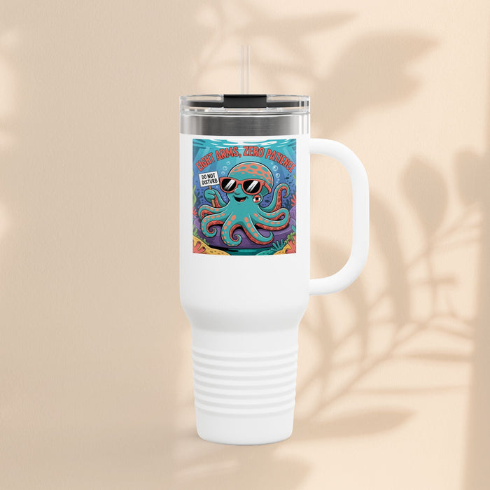 White insulated travel mug with handle, clear lid and straw; octopus graphic