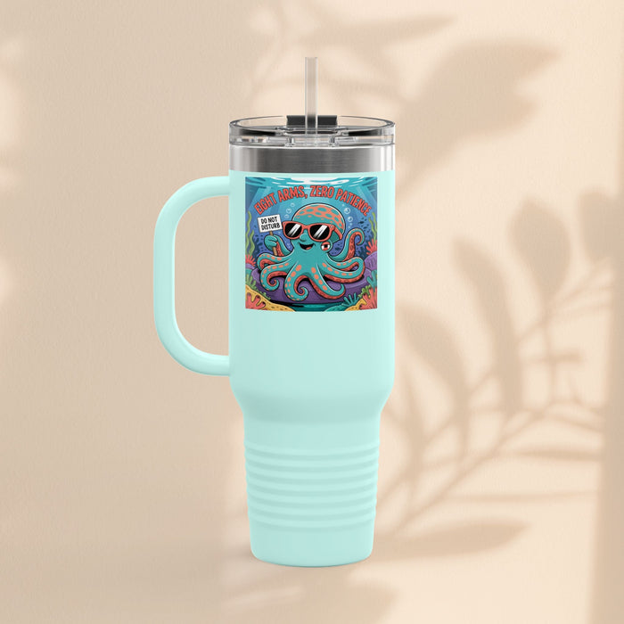 Light teal insulated travel mug with handle, clear lid and straw; octopus graphic