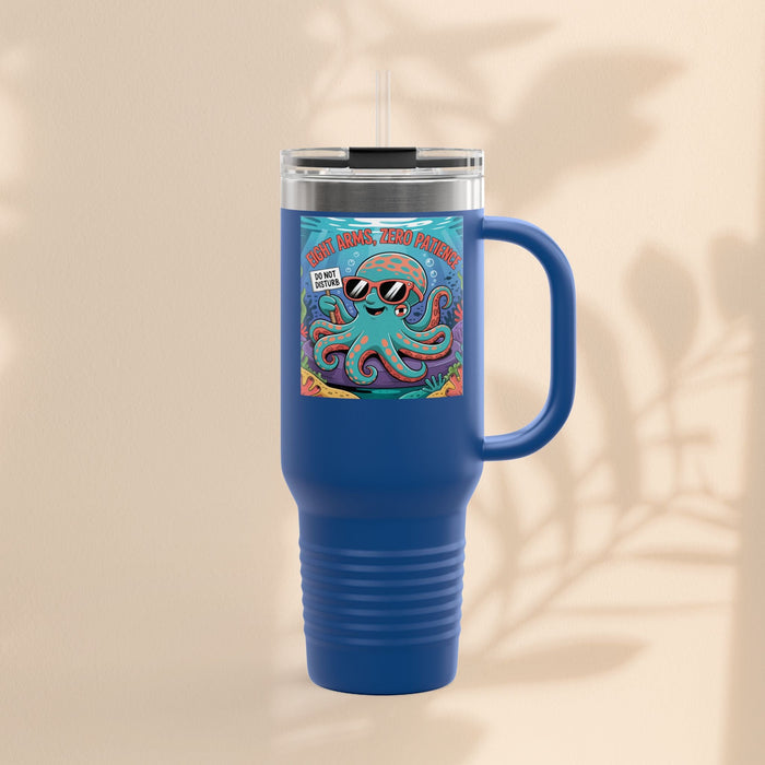 Royal blue insulated travel mug with handle, clear lid and straw; octopus graphic