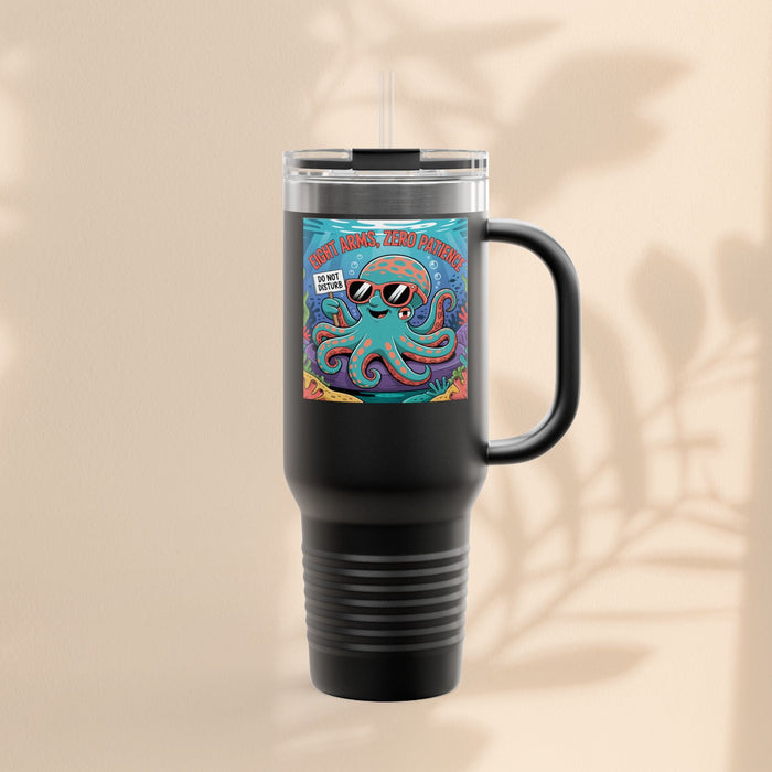 Black insulated travel mug with handle, clear lid and straw; octopus graphic