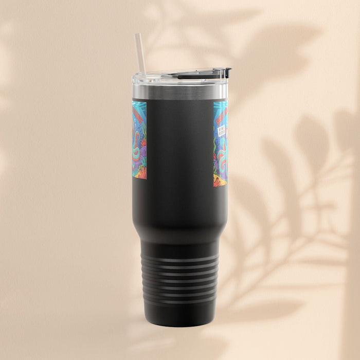 Black insulated travel mug, clear lid and straw; octopus graphic on side