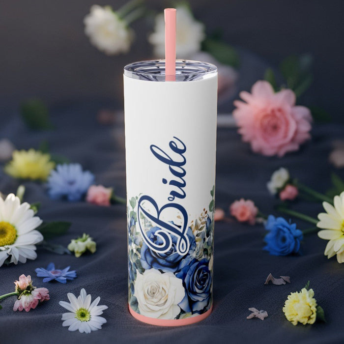 White 20oz travel tumbler with pink straw, blue "Bride" floral design