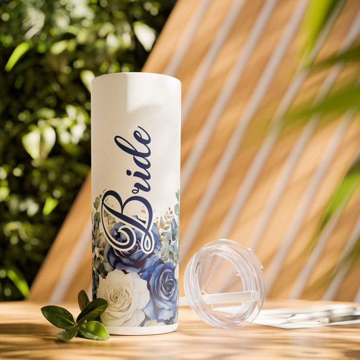 White 20oz tumbler with clear lid, blue "Bride" floral roses and script