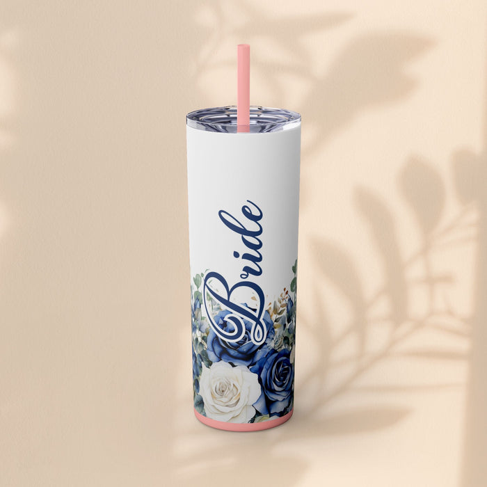 White 20oz tumbler with pink straw and blue "Bride" floral roses