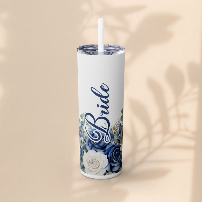 White 20oz tumbler with white straw and blue "Bride" floral roses