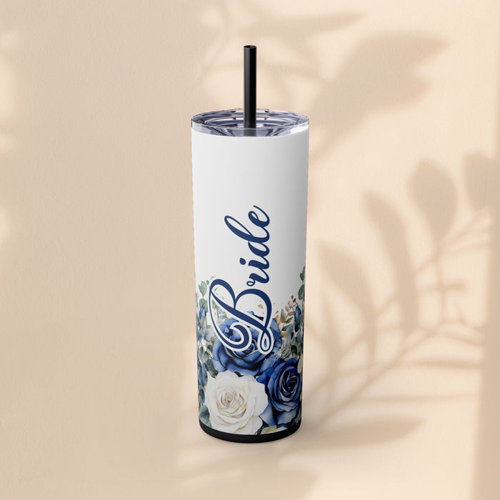 White 20oz tumbler with black straw and blue "Bride" floral roses