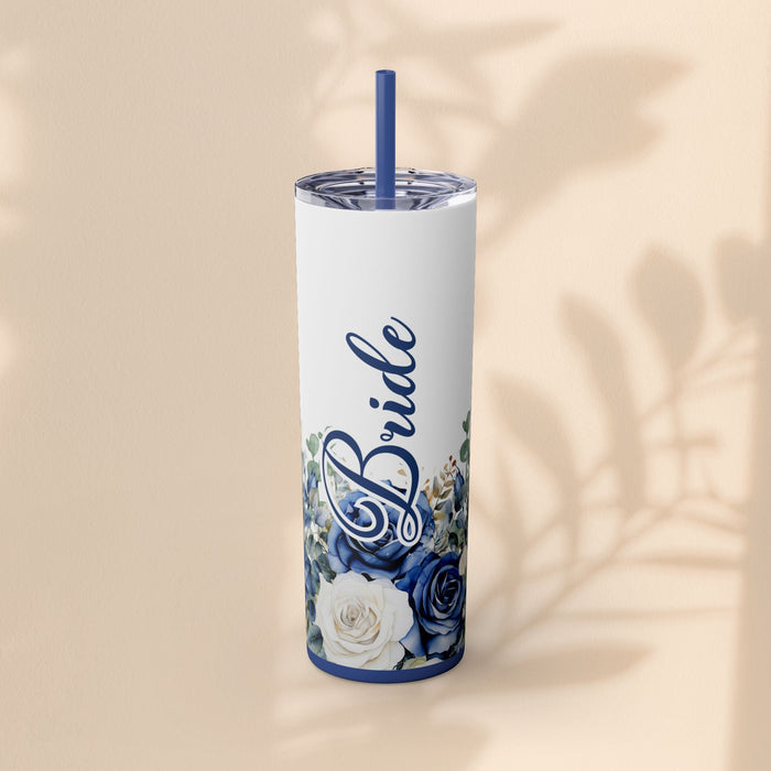 White 20oz tumbler with blue straw and blue "Bride" floral roses