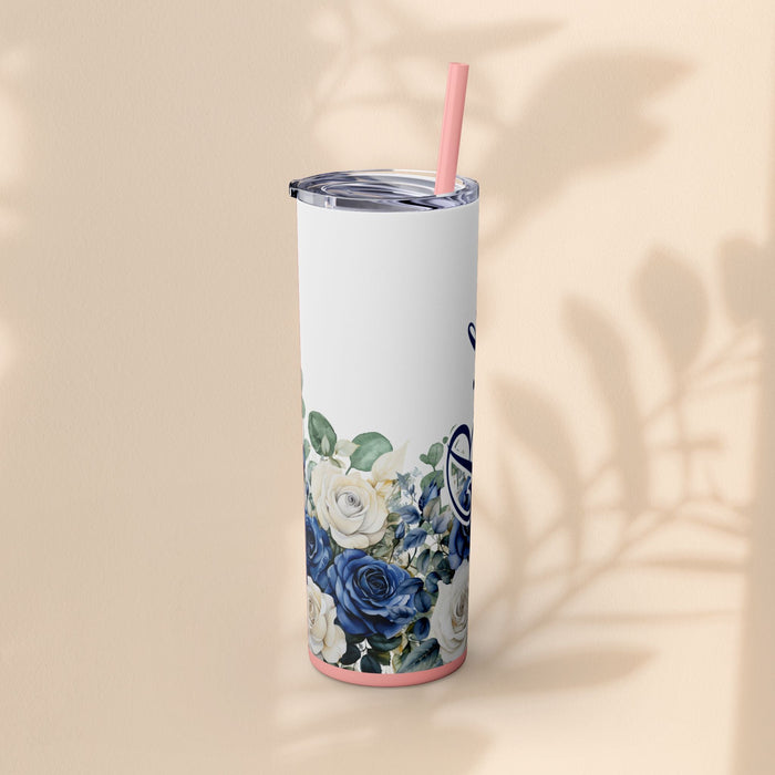 White 20oz tumbler with pink straw, blue and white rose floral wrap