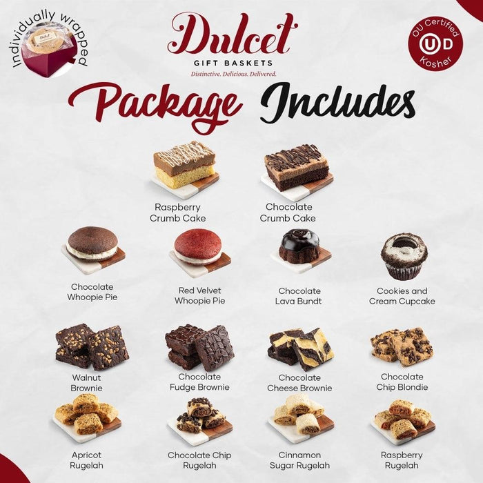 Assorted mini cupcakes and cookies, gift basket package includes multiple desserts