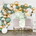 15 ft balloon garland with gold, white, blush, and green balloons and eucalyptus leaves