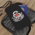 Black passport wallet with dragon embroidery, front zip pocket and wrist strap