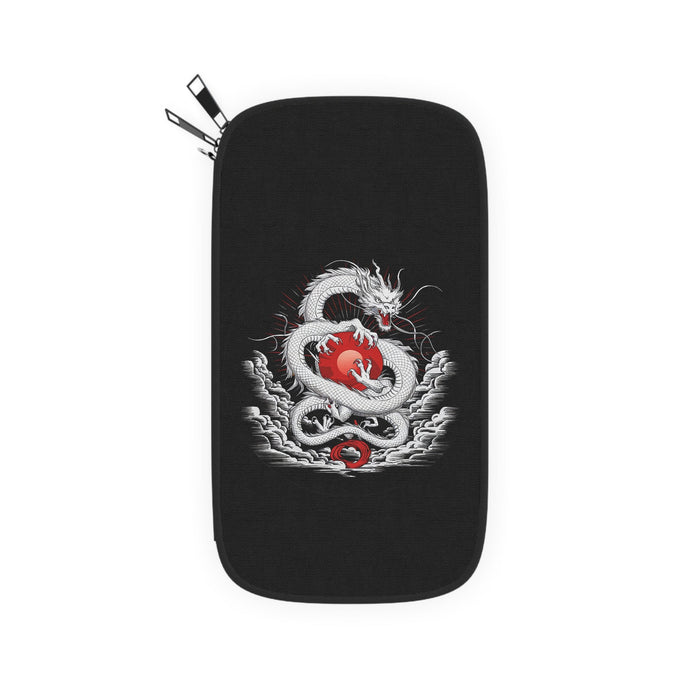 Black zip passport wallet with dragon embroidery and two hanging zipper pulls