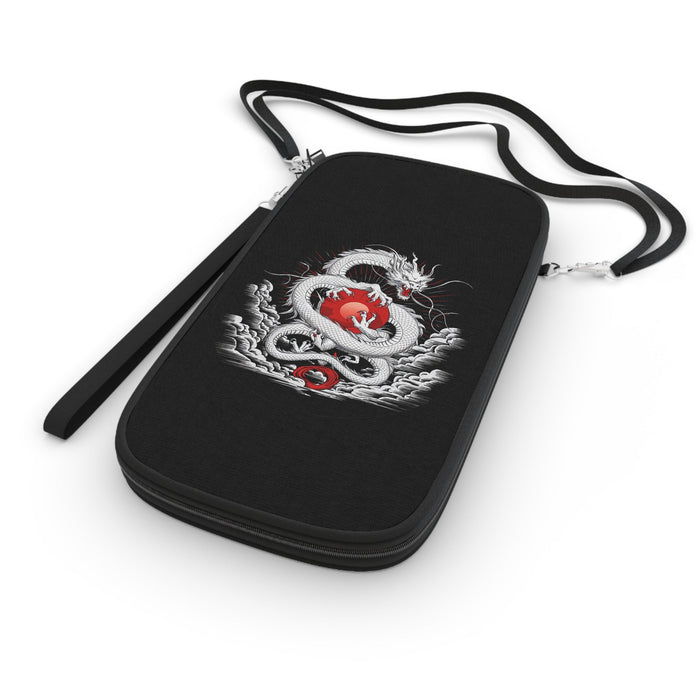 Black passport wallet with dragon embroidery, crossbody strap and front zip pocket