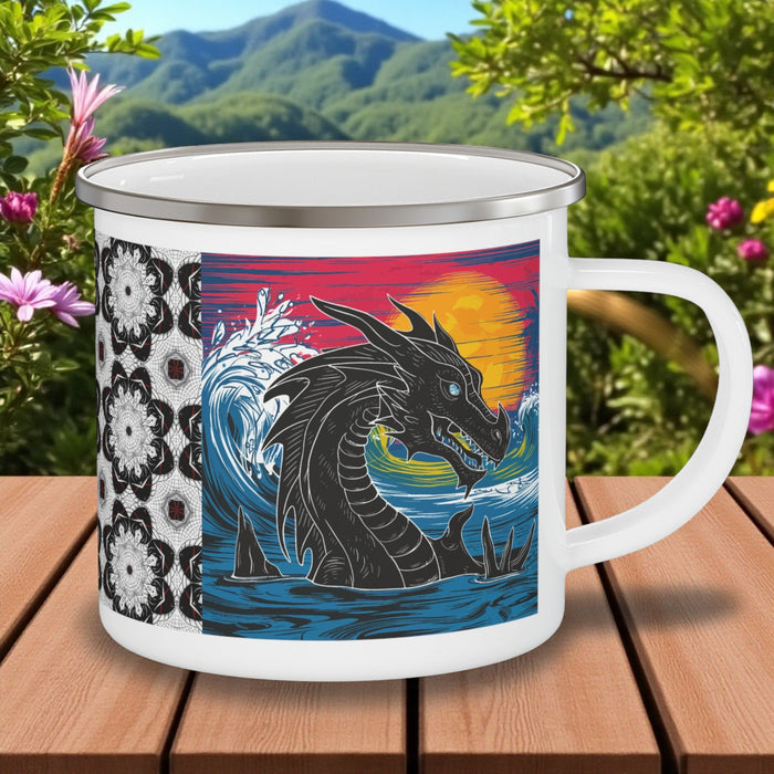 Enamel camping mug with white handle and lid, dragon graphic on front panel