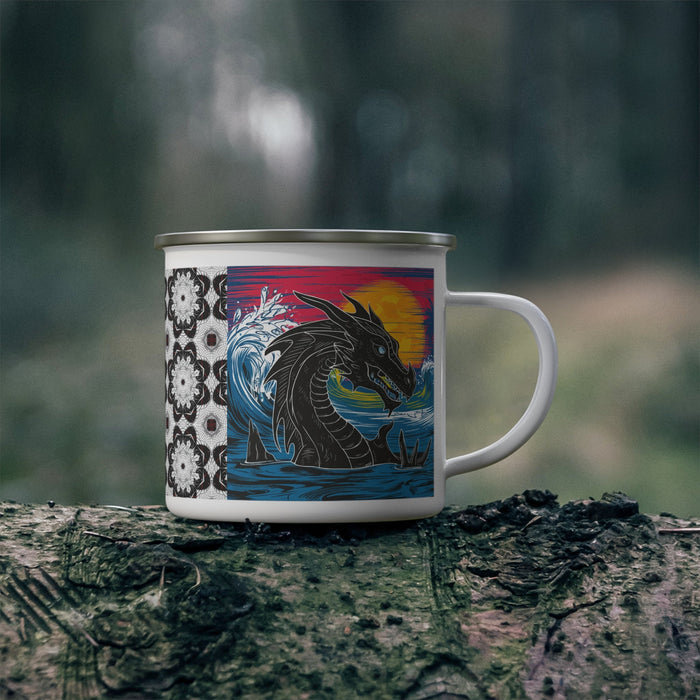 Enamel camping mug with dragon illustration and decorative black-and-white side pattern