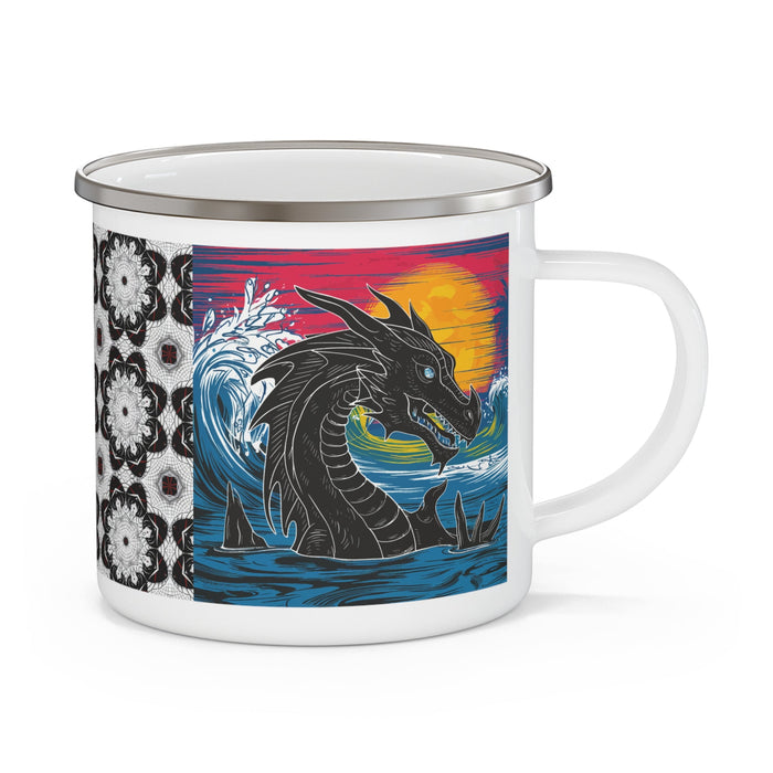 Enamel camping mug, white handle and lid, black dragon over blue waves
