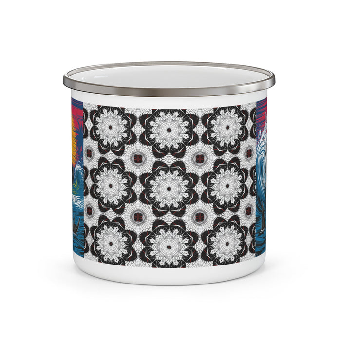 Enamel camping mug with black floral pattern on side and rimmed lid