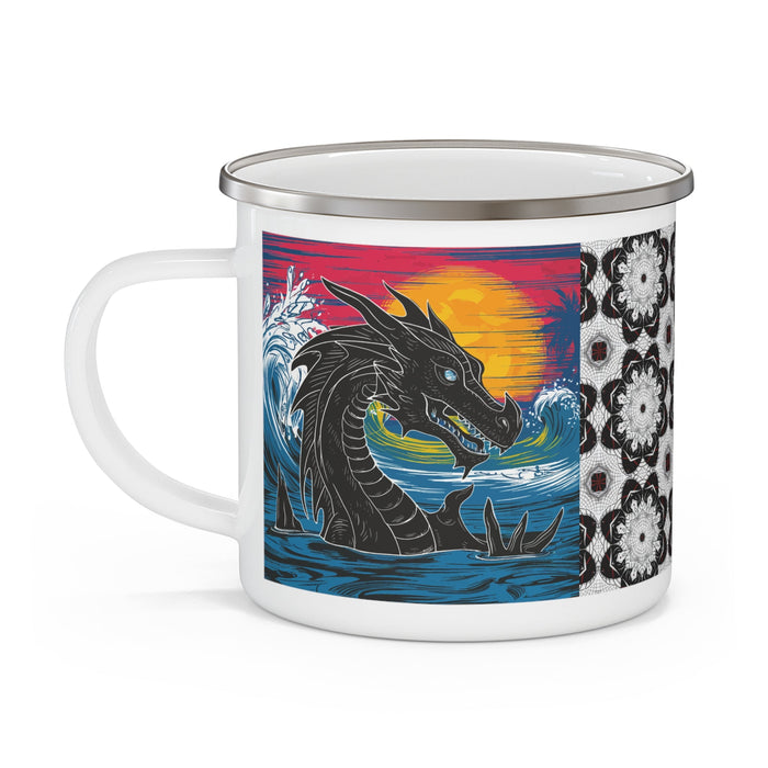 Enamel camping mug showing dragon artwork on front and white carrying handle