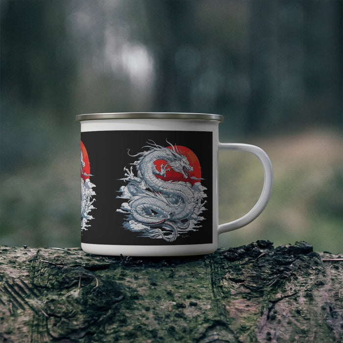 Black enamel camping mug with silver rim, blue-and-red dragon print, white handle