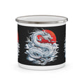 Black enamel camping mug with silver rim and centered blue-and-red dragon graphic